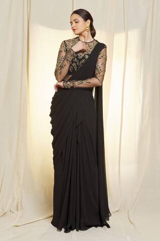 New 2023 Black Jacket Style Saree With A Belt For Girls